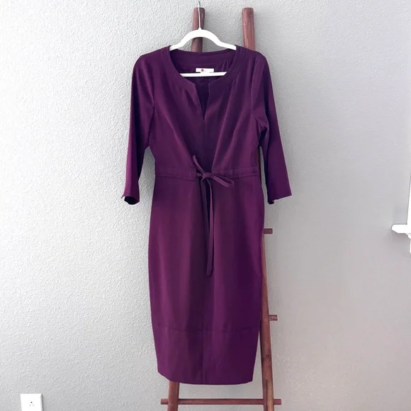 Boden Addie Dress In Merlot Tie Waist 3/4 Sleeve Burgundy Midi Size 8 8R - Picture 5 of 15